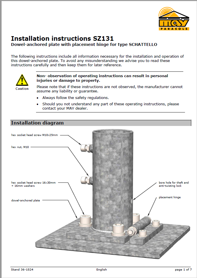 Dowel-anchored plate SCHATTELLO with upper part SZ150, with placement hinge, mounted at ground level, galvanised, base plate: 260 x 275 x 12mm, incl. installation instructions, also online at https://may.ag/SZ131_en.pdf