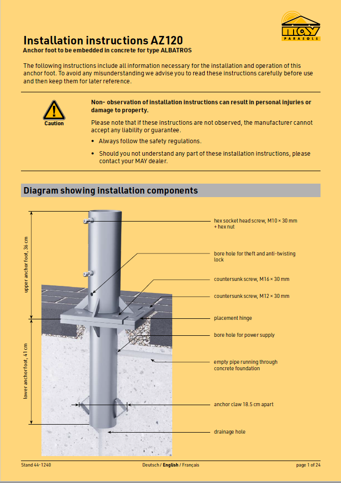 anchor foot ALBATROS with placement hinge, upper part removable, 2-part, galvanised, base plate 24 x 27.3 cm, incl. theft pin, incl. top plate for winter protection, incl. installation instructions, also online at https://may.ag/AZ120_en.pdf