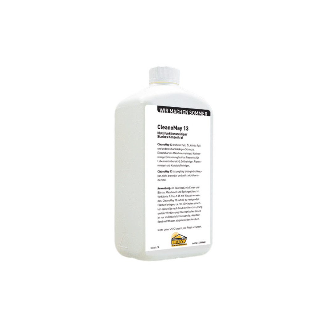 Cleaning concentrate CleanoMay 13. Cleans membrane and frame of parasols. 1 Litre. Biodegradable and non-toxic.