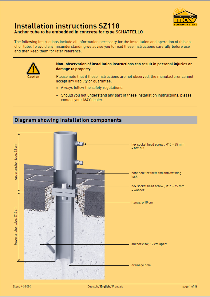 Anchor tube SCHATTELLO, upper part removable, 2-part, galvanised, incl. top plate for winter protection, incl. installation instructions, also online at http://may.ag/SZ118_en.pdf