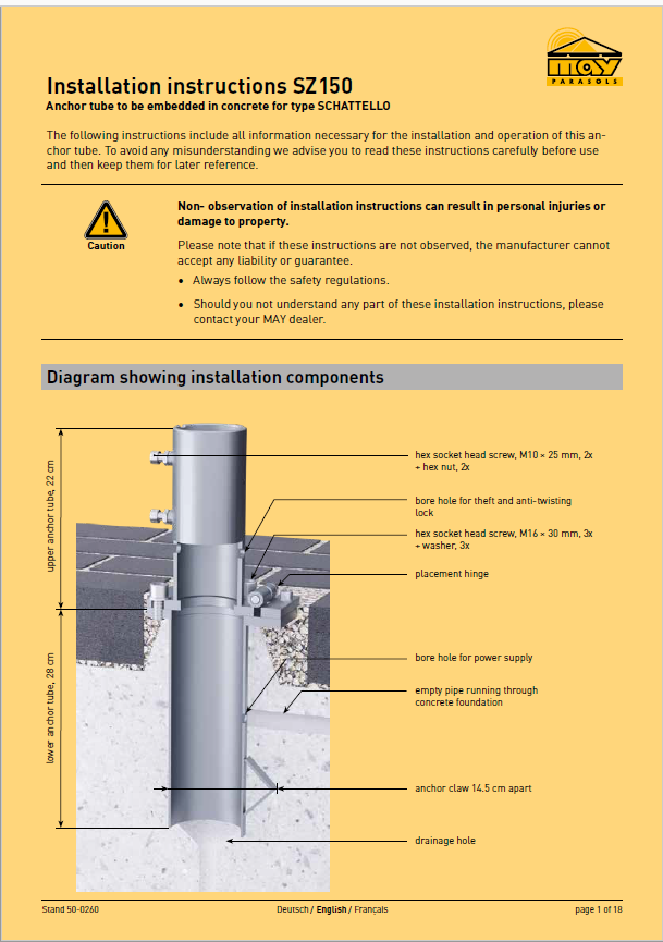 Anchor tube SCHATTELLO, with placement hinge, screw-off upper part, 2-part, galvanised, incl. top plate for winter protection, incl. installation instructions, also online at https://may.ag/SZ150_en.pdf