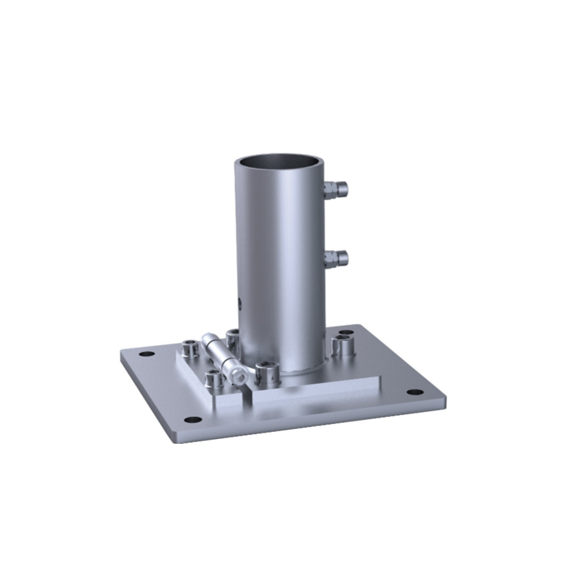 Dowel-anchored plate SCHATTELLO with upper part SZ150, with placement hinge, mounted at ground level, galvanised, base plate: 260 x 275 x 12mm, incl. installation instructions, also online at https://may.ag/SZ131_en.pdf